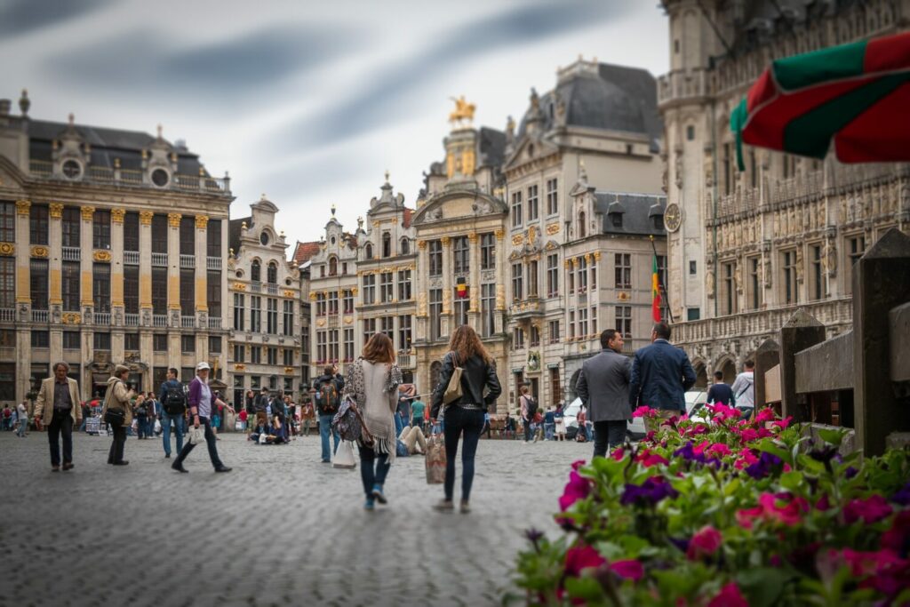 Many passengers walking through the town square of Brussels on a cloudy day